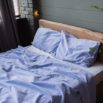 Leinen und Baumwolle Bettwäsche Set mit Bettlaken 190x240 Blau Melange