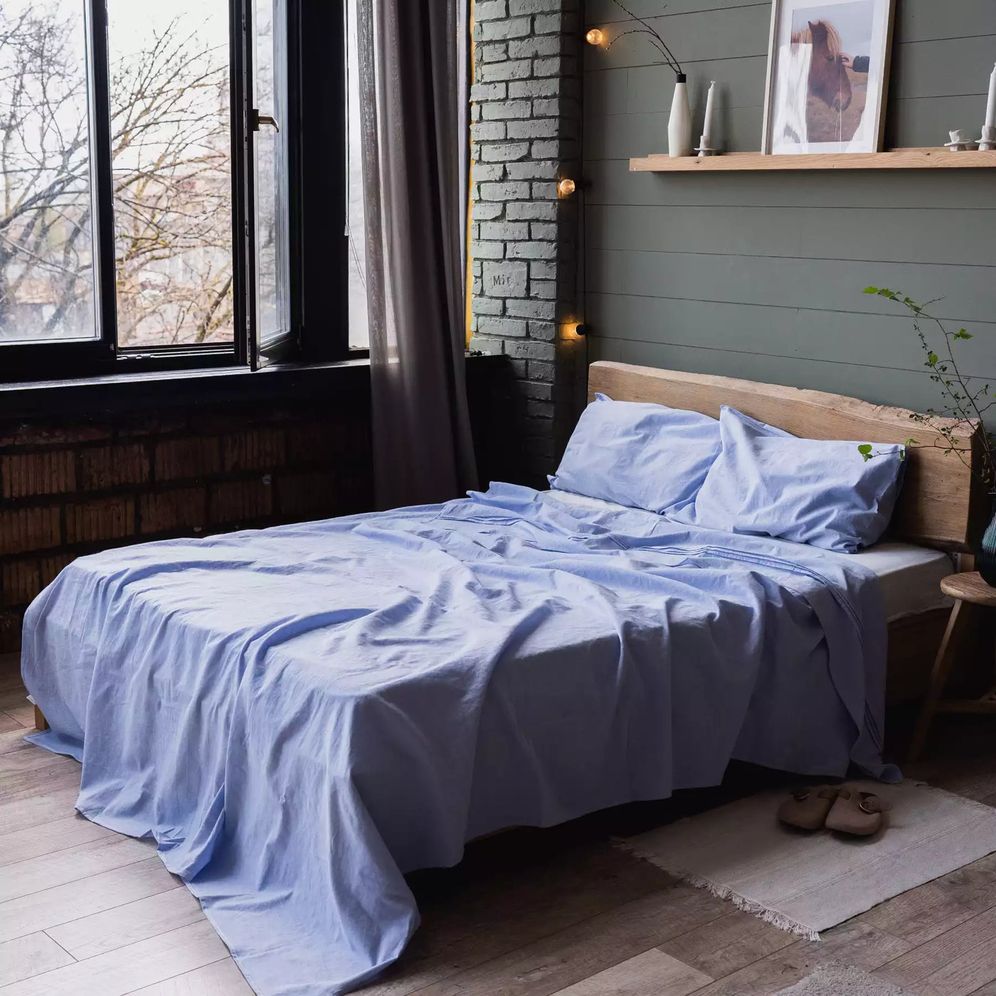 Set di biancheria da letto in lino e cotone con lenzuolo piatto 190x270 in blu melange
