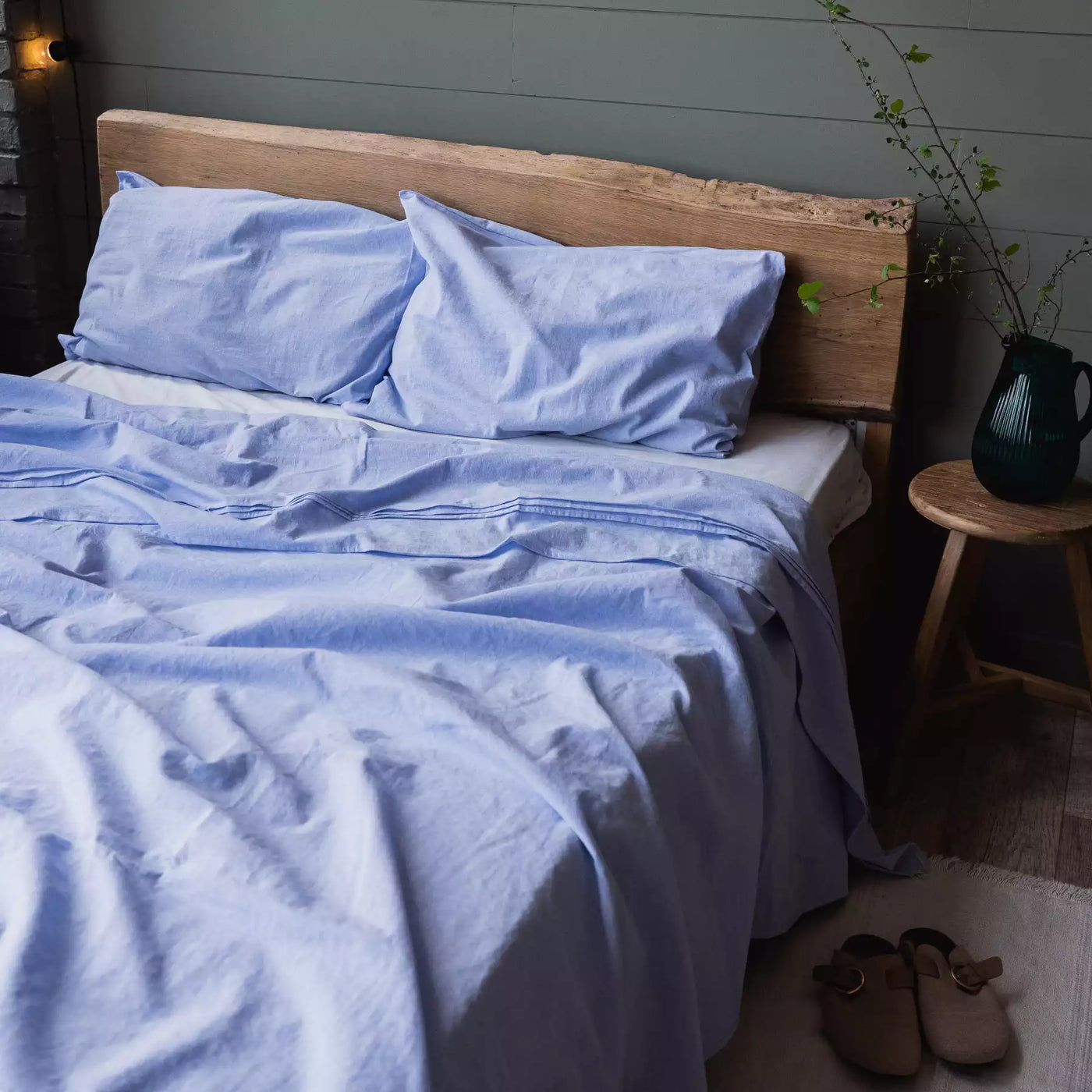 Juego de cama de lino y algodón con sábana plana 190x270 en azul melange