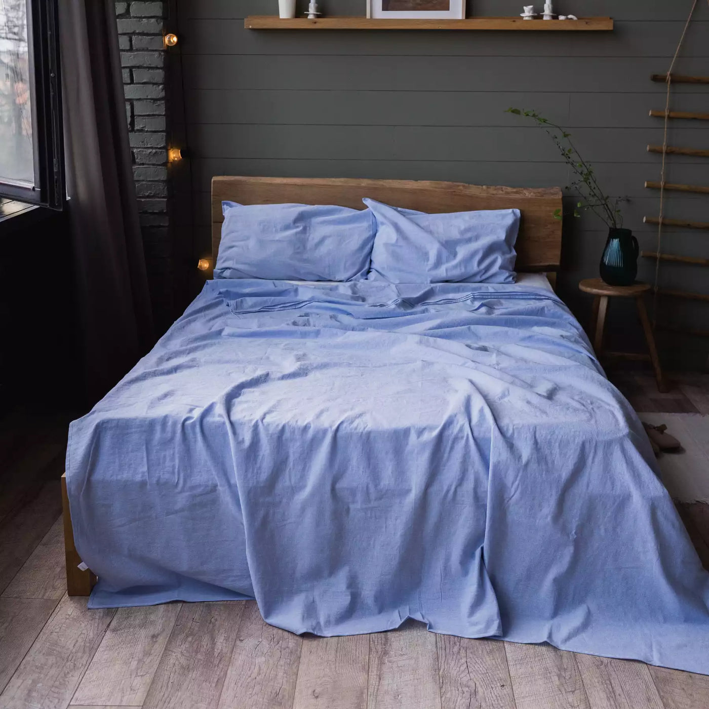 Set di biancheria da letto in lino e cotone con lenzuolo piatto 190x270 in blu melange