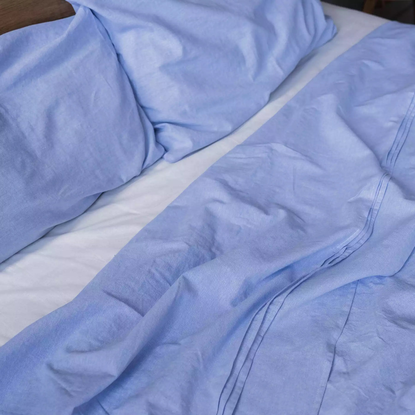 Juego de cama de lino y algodón con sábana plana de 240x270 en azul melange