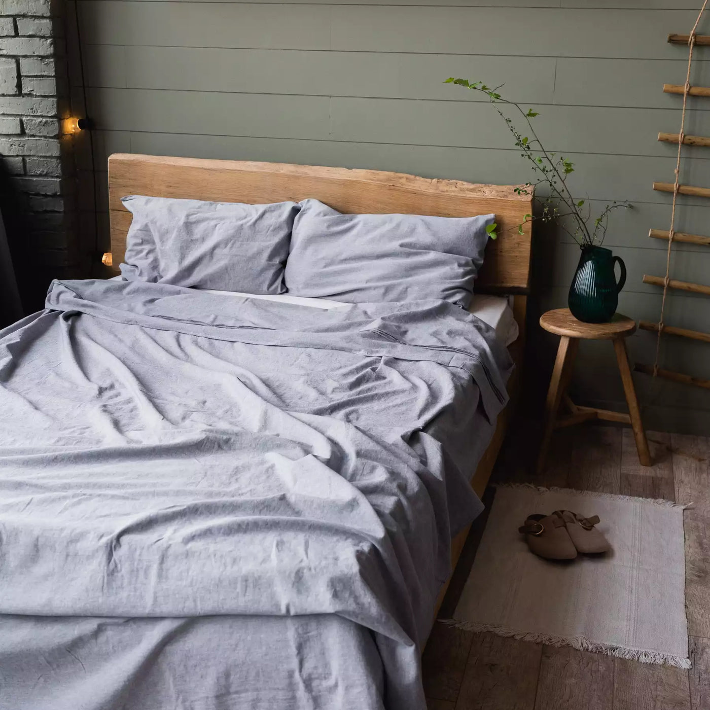 Set di biancheria da letto in lino e cotone con lenzuolo piatto 190x270 in grafite melange