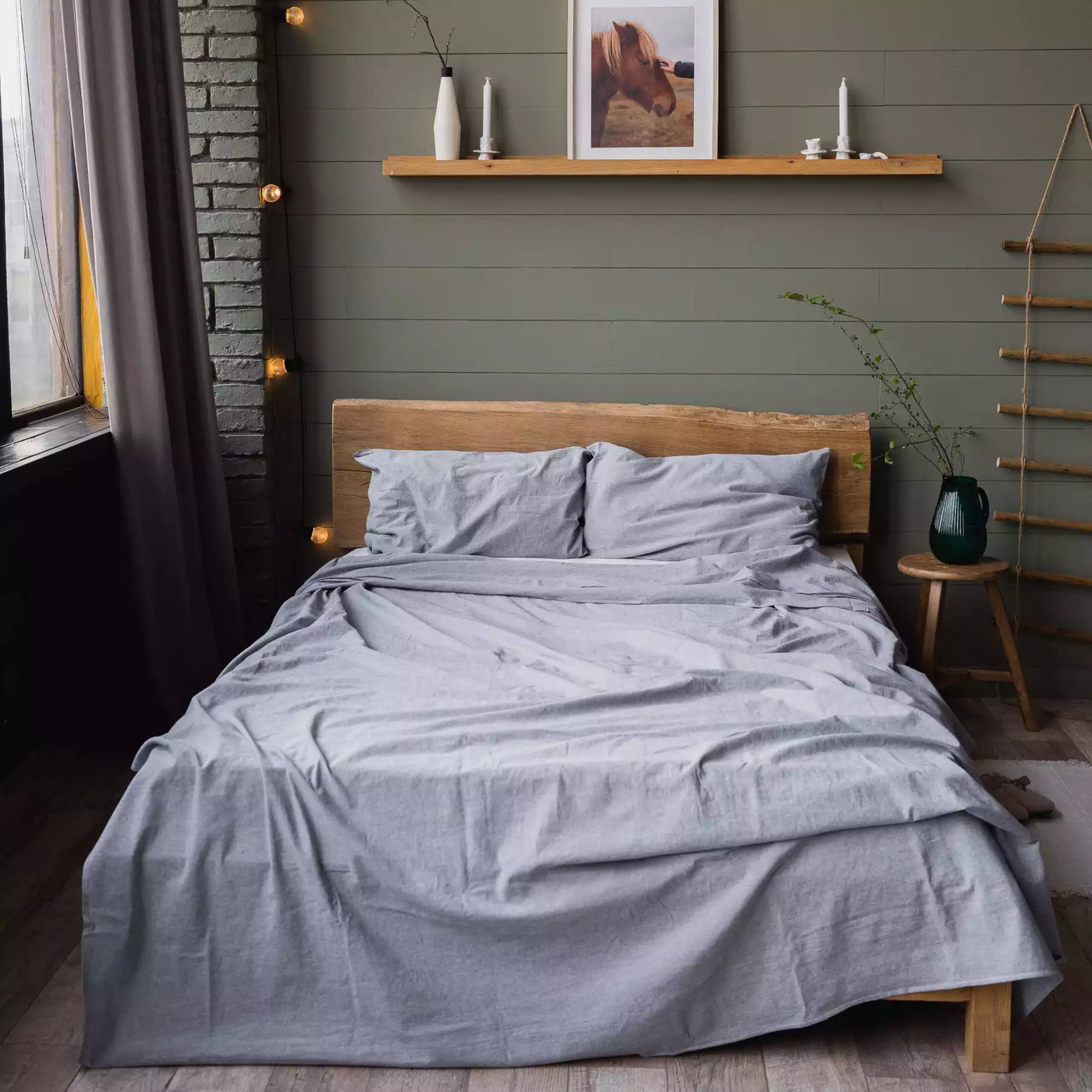 Leinen und Baumwolle Bettwäsche Set mit Bettlaken 190x270 Graphit Melange
