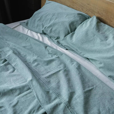 Parure de lit en lin et coton avec drap plat 190x270 en Mélange Menthe