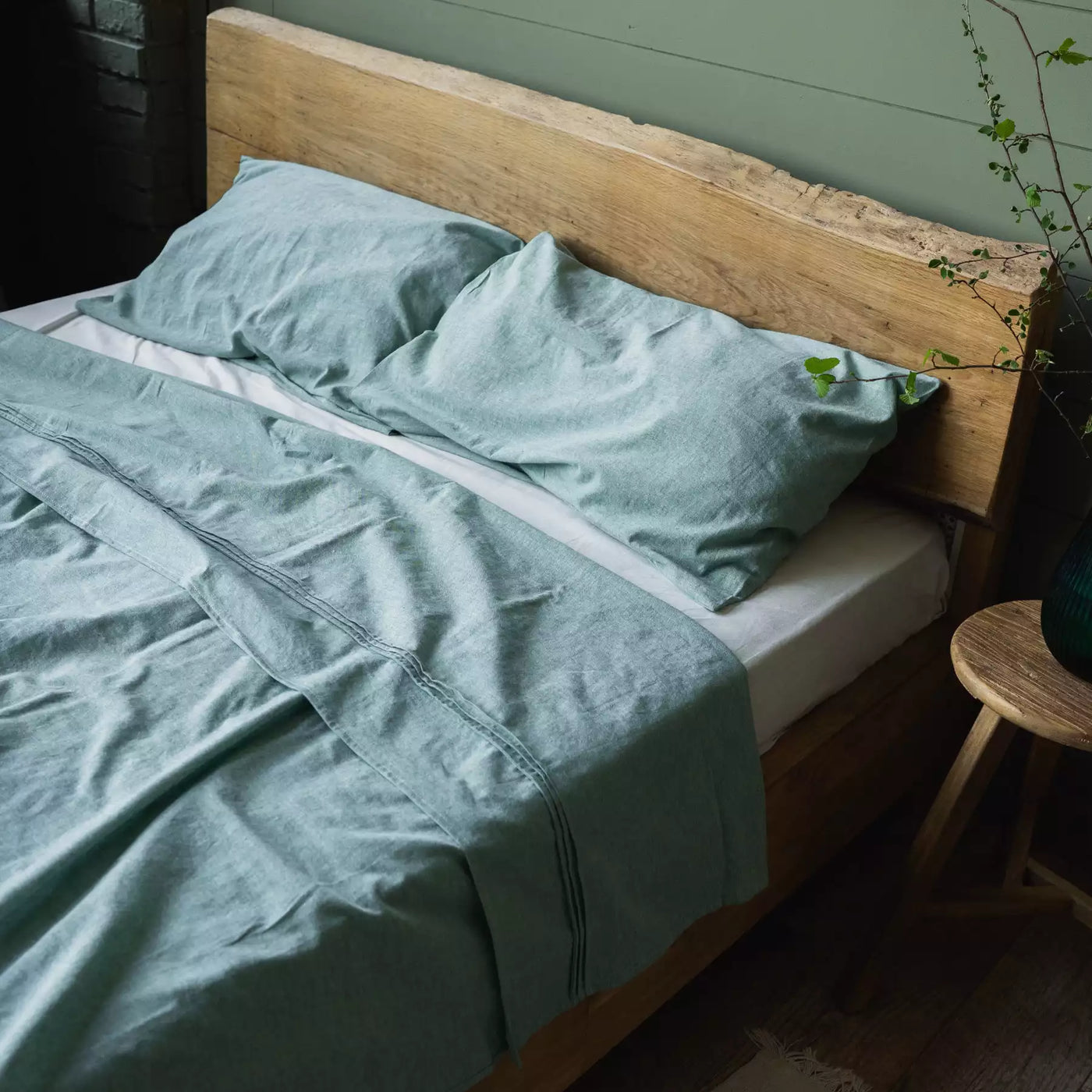 Leinen und Baumwolle Bettwäsche Set mit Bettlaken 190x270 Mint Melange