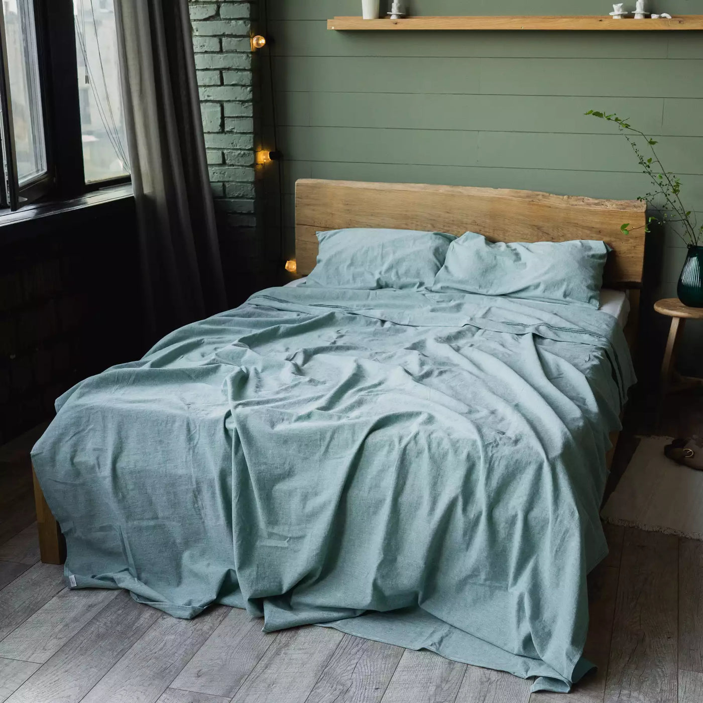Leinen und Baumwolle Bettwäsche Set mit Bettbezug 200x200 Mint Melange