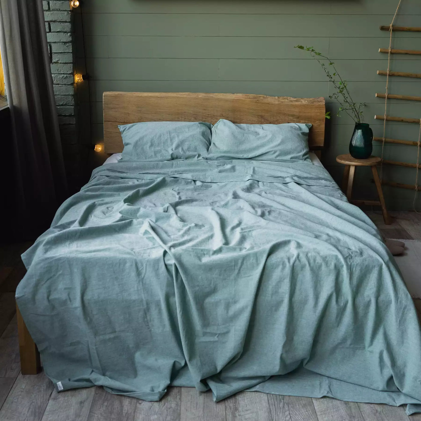 Set di biancheria da letto in lino e cotone con lenzuolo piatto 240x270 in menta melange