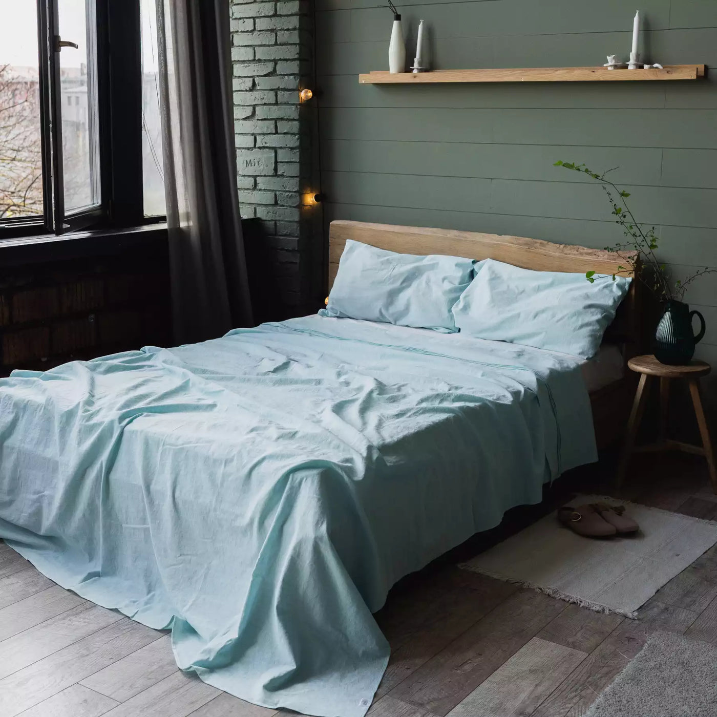 Juego de cama de lino y algodón con sábana plana 190x270 en Turquesa Melange