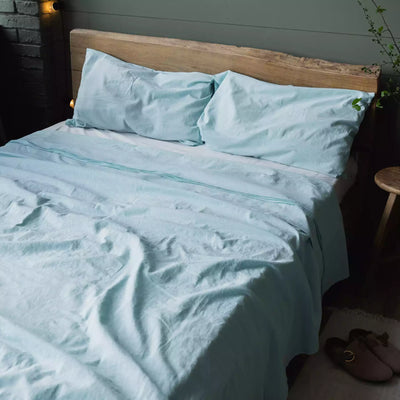 Leinen und Baumwolle Bettwäsche Set mit Bettlaken 190x270 Türkis Melange