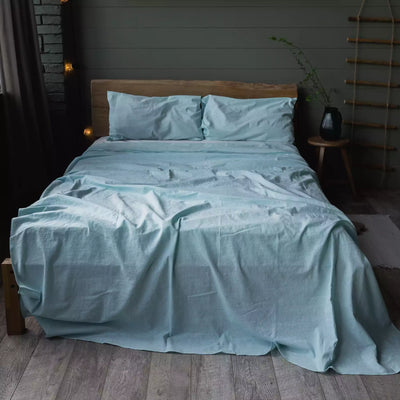 Set di biancheria da letto in lino e cotone con lenzuolo piatto 190x270 in turchese melange