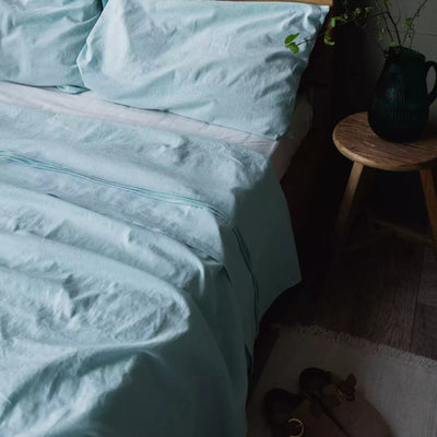 Set di biancheria da letto in lino e cotone con lenzuolo piatto 190x270 in turchese melange