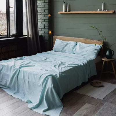 Juego de cama de lino y algodón con sábana plana 240x270 en Turquesa Melange