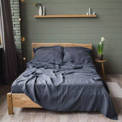 Linen bedding set with Flat sheet 190х270 in Graphite