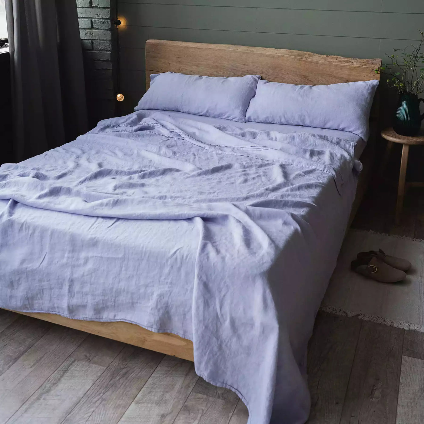 Juego de cama de lino con sábana plana 190x270 en flor Lavanda