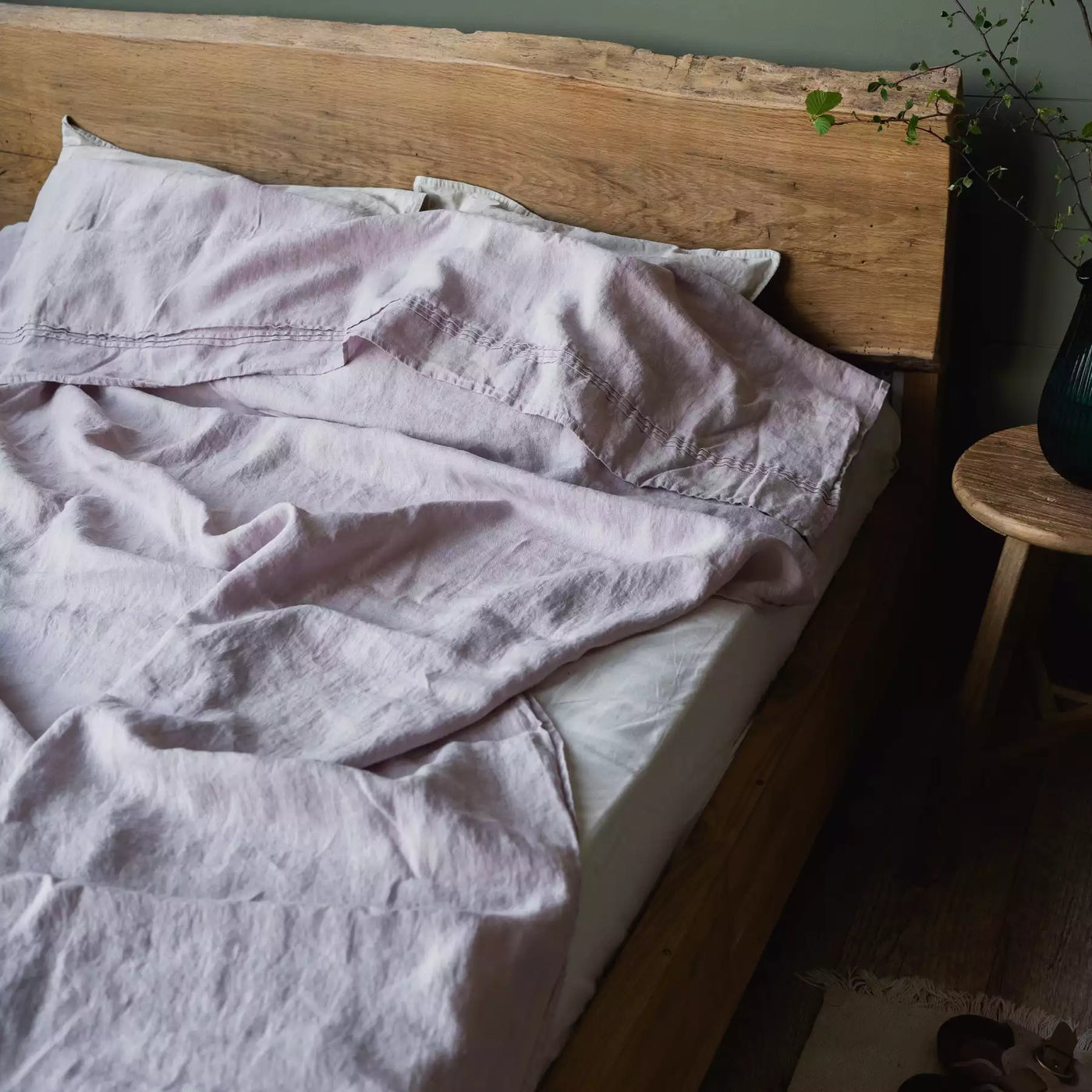 Juego de cama de lino con sábana plana 240x270 en Rosa Cuarzo