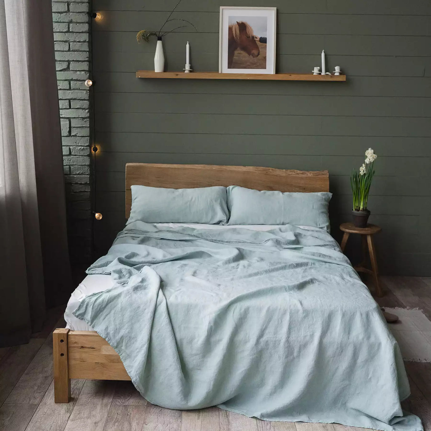 Linen Bedding set with Flat sheet 190х270 in Mint Green