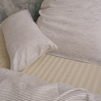Shop Natural Fitted Sheet Linen and Cotton with Beige Stripe 3