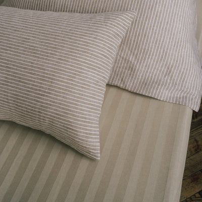 Shop Natural Fitted Sheet Linen and Cotton with Beige Stripe 6