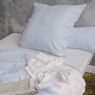 Acquista il set di biancheria da letto in puro lino 135x200 blu a righe bianche 6