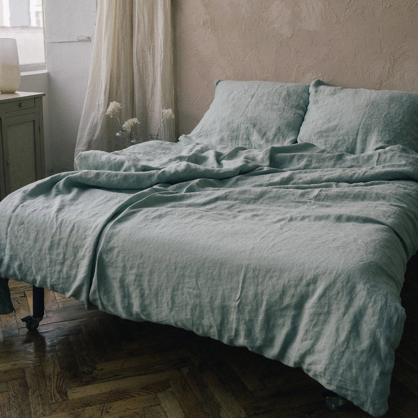 Acquista il set di biancheria da letto 100% puro lino 135x200 in verde menta 3