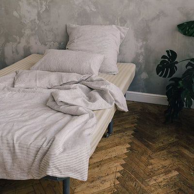 Acquista il set di biancheria da letto in puro lino 135x200 in bianco con strisce marroni 2